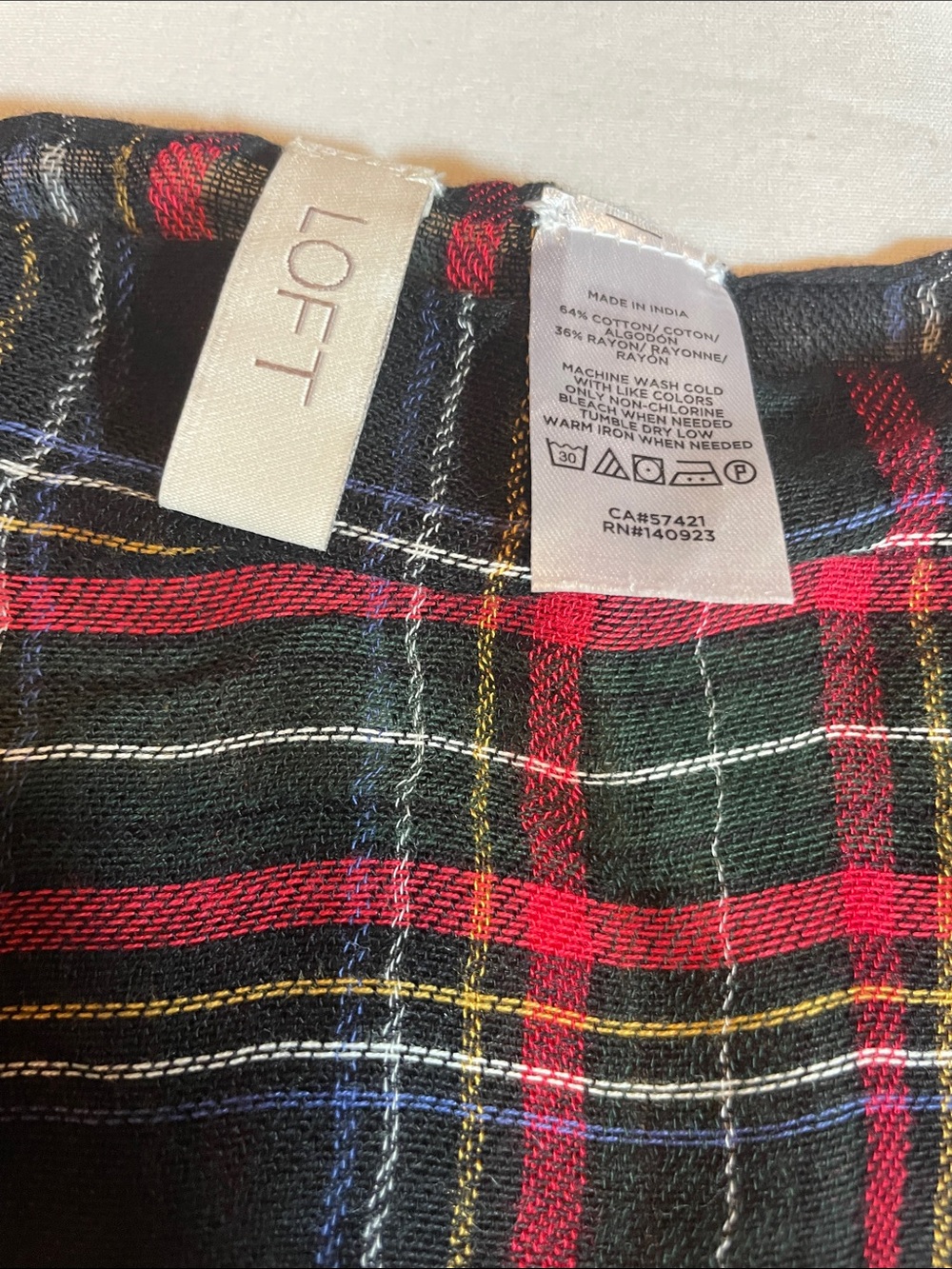 LOFT Black Plaid Infinity Scarf with Red, Green & Yellow Tartan